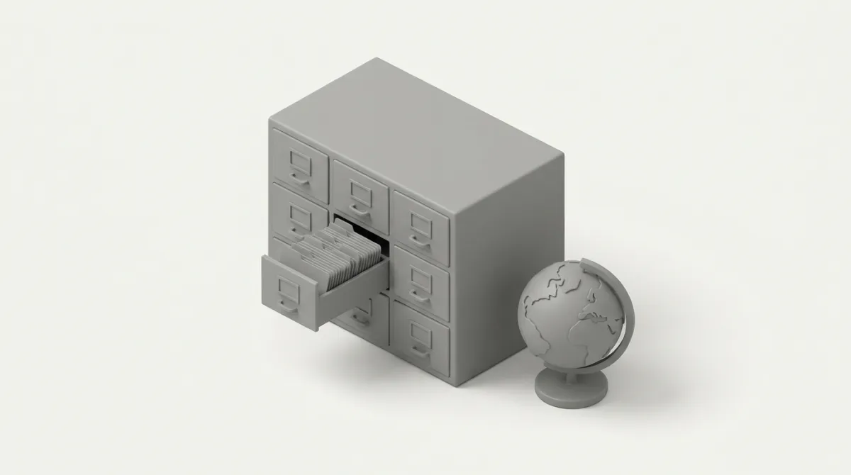 Minimalist 3D illustration of a card catalog with a globe — the MediaGo ad library