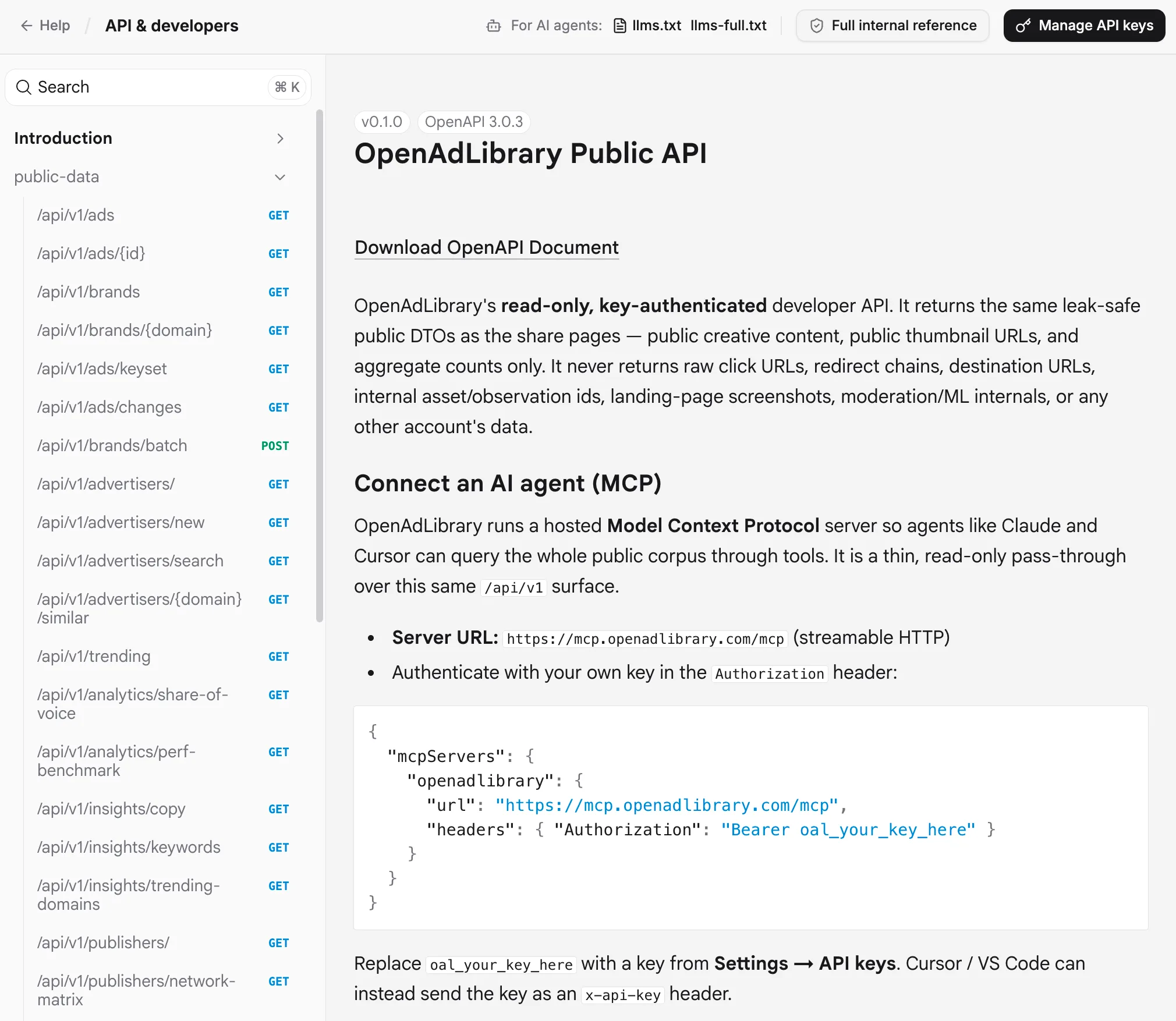 API REST e servidor MCP hospedado do OpenAdLibrary para desenvolvedores e agentes de IA
