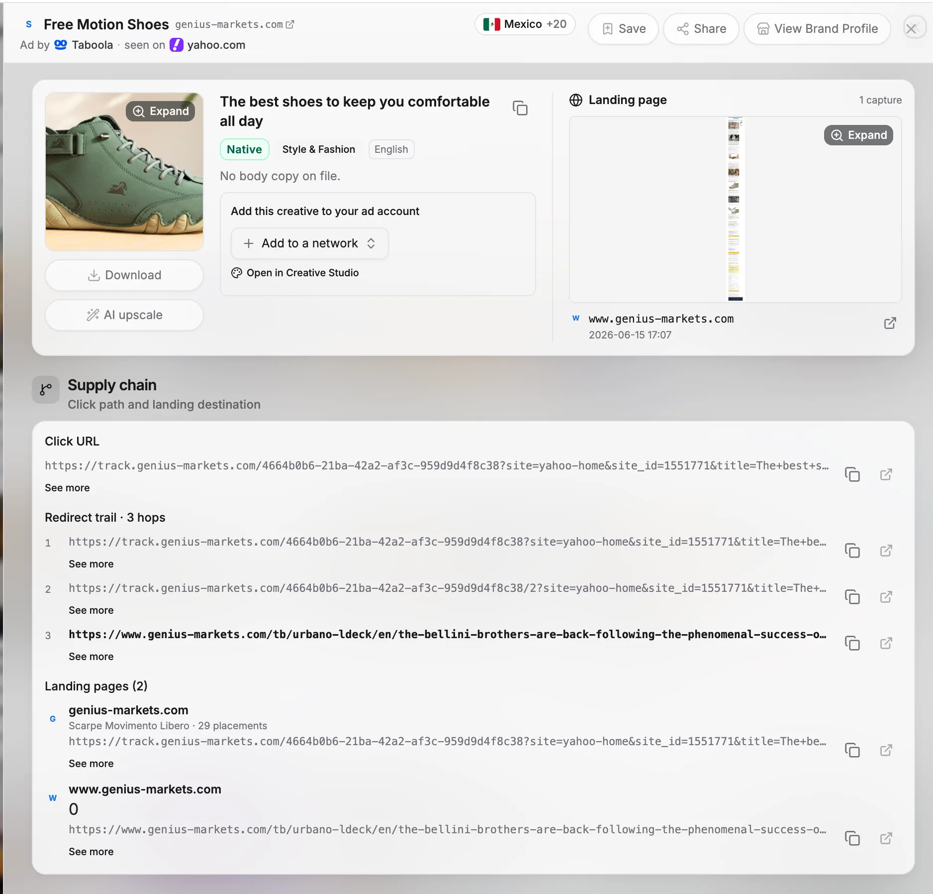 Detalhe do anúncio do OpenAdLibrary: cadeia de suprimentos, rastro de redirecionamento e página de destino